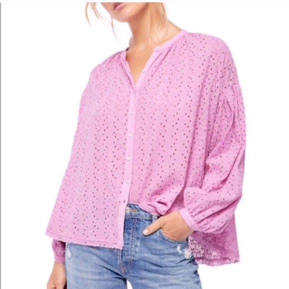 Free People Tops - FREE PEOPLE Orchid Maddison Eyelet Flowy Blouse Button Front Collarless Size XS